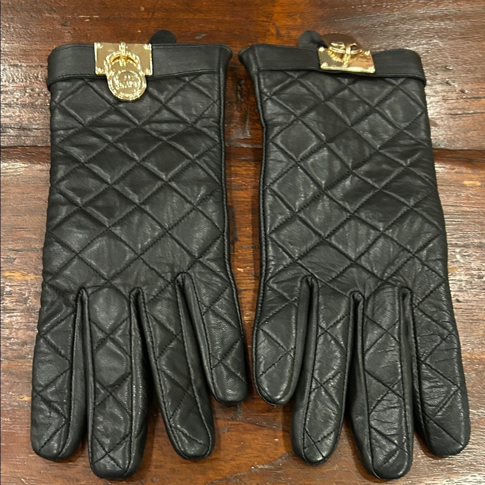 Quilted Black Leather Gloves with Gold Accents